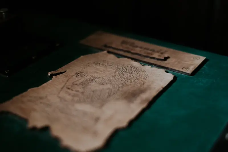 Stare dokumenty i szkice w scenografii Tesla Escape Box